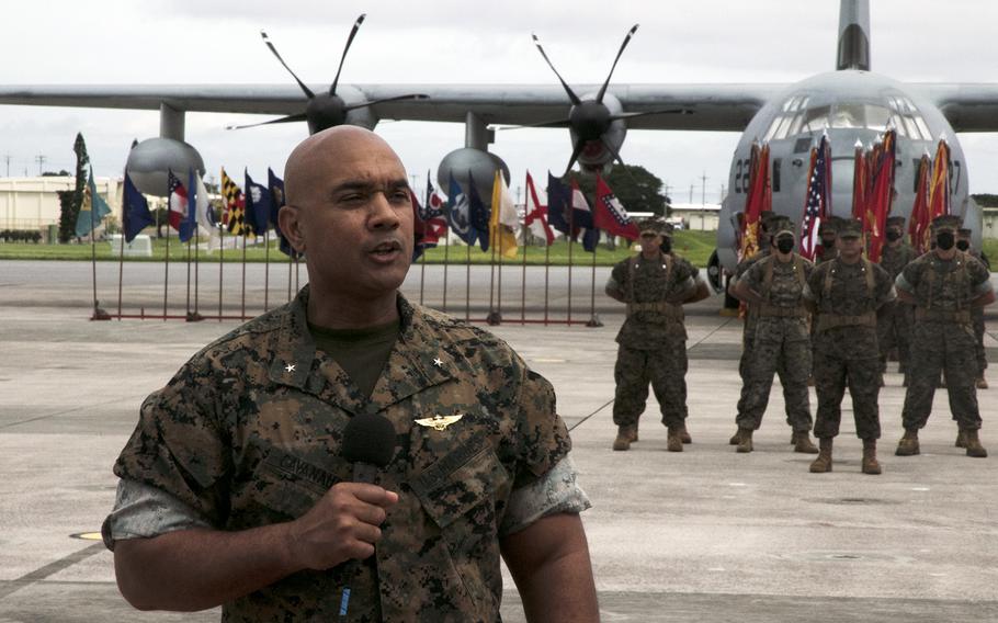 Brig. Gen. Brian Cavanaugh speaks after taking command of the 1st Marine Aircraft Wing at Marine Corps Air Station Futenma, Okinawa, Friday, June 11, 2021. 