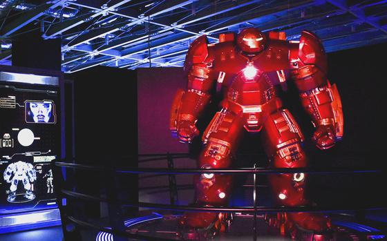 Marvel Cinematic Universe's Mark XLIV Iron Man Armor, better known as the Hulkbuster armor, on display at the Avengers S.T.A.T.I.O.N. exhibit in Tokorozawa, Japan, Oct. 11, 2022. 