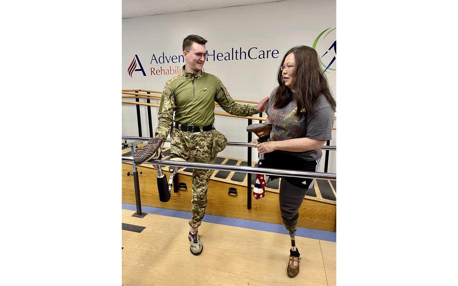 Oleksandr Chaika, a Ukrainian soldier who lost his leg in battle in April, met with Sen. Tammy Duckworth, D-Ill., on Tuesday after receiving the first prosthetic supplied by Operation Renew Prosthetics.