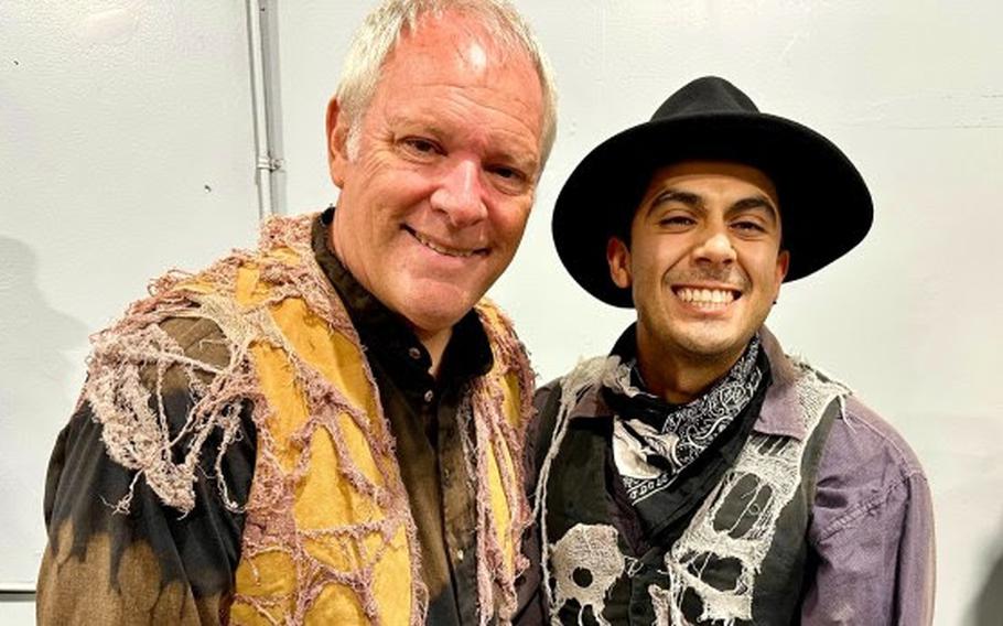 Orange County Register theme park reporter Brady MacDonald, left, and Ghost Town “scareactor” David Villalobos attend Scare School at Knott’s Berry Farm in Buena Park, Calif. MacDonald decided to make his character an old newspaper reporter. 