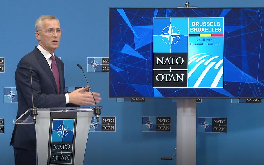 NATO Secretary-General Jens Stoltenberg answers a question during a press conference in Brussels, March 23, 2022, a day before the organization's heads of state, including President Joe Biden, are to meet to discuss the Russian invasion of Ukraine.