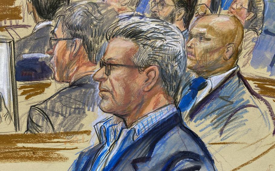 This artist sketch depicts Salah Al-Ejaili, foreground with glasses, a former Al-Jazeera journalist, before the U.S. District Court in Alexandria, Va., Tuesday, April 16, 2024.