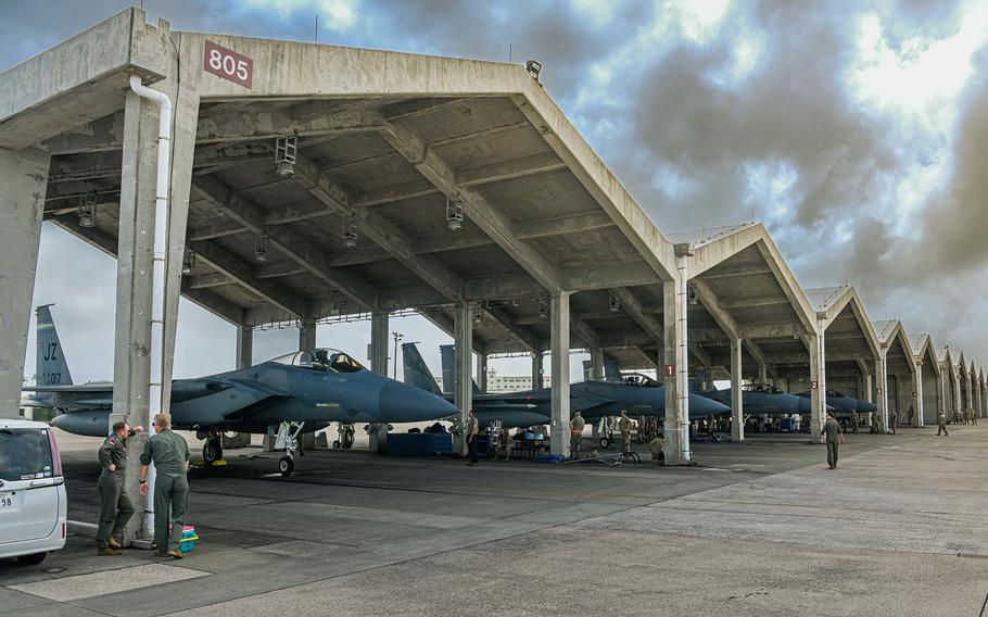 Airmen complete post-flight checks on four F-15C Eagles that arrived at Kadena Air Base on Okinawa, Japan, on Oct. 3, 2023.