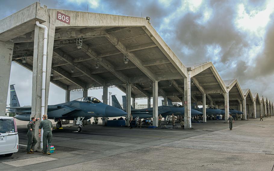 Airmen complete post-flight checks on four F-15C Eagles that arrived at Kadena Air Base on Okinawa, Japan, on Oct. 3, 2023.