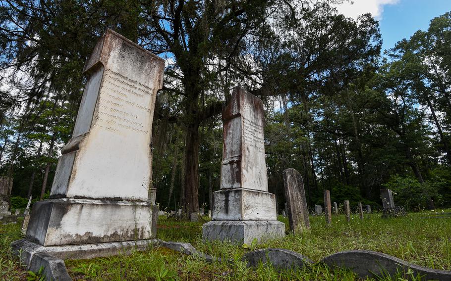 Grave markers in the Taylor’s Creek cemetery on the Army’s Fort Stewart in Georgia mark the burial site of two Confederate soldiers. The cemetery, one of 60 on the installation, dates back to the 1840s.