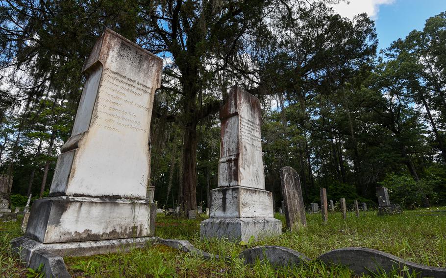 Grave markers in the Taylor’s Creek cemetery on the Army’s Fort Stewart in Georgia mark the burial site of two Confederate soldiers. The cemetery, one of 60 on the installation, dates back to the 1840s. 