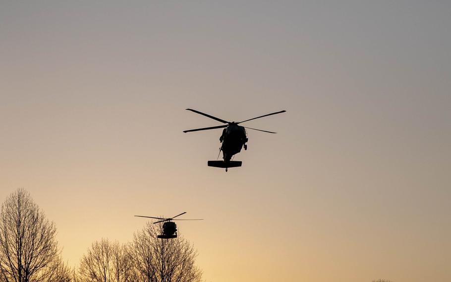 Army ROTC Cadets from the University of Louisville ride in Black Hawk helicopters on April 1, 2023, at Fort Knox, Ky.