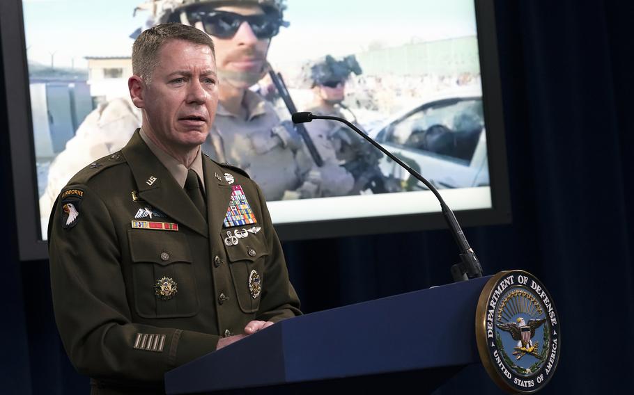 Army Brig. Gen. Lance G. Curtis, commanding general, 3d Expeditionary Sustainment Command, briefs the media on the results of the investigation into the ISIS-K bombing in Kabul, Afghanistan, at Abbey Gate at Hamid Karzai International Airport, the Pentagon, Washington, D.C., Feb. 4, 2022. 