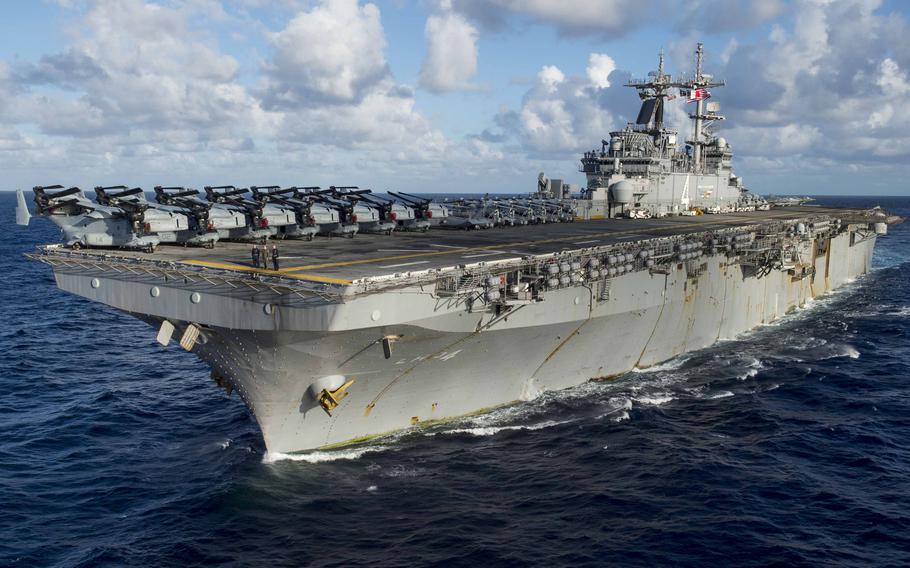 Amphibious assault ship USS Boxer in 2016. After a roughly two-year, $200 million overhaul, it’s still unclear when the San Diego-based Boxer will return to regular service.