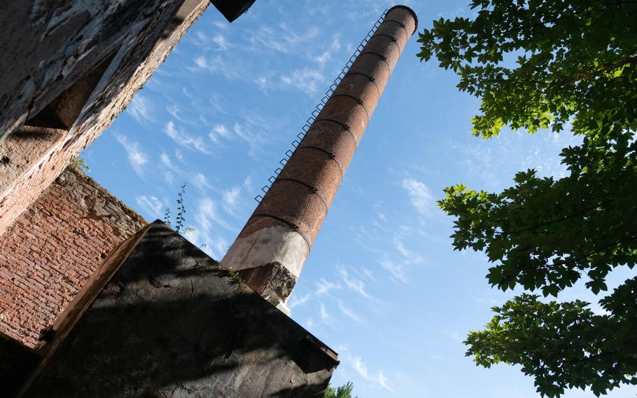 A tall smokestack of a former ceramics factory in Sarreguemines, France