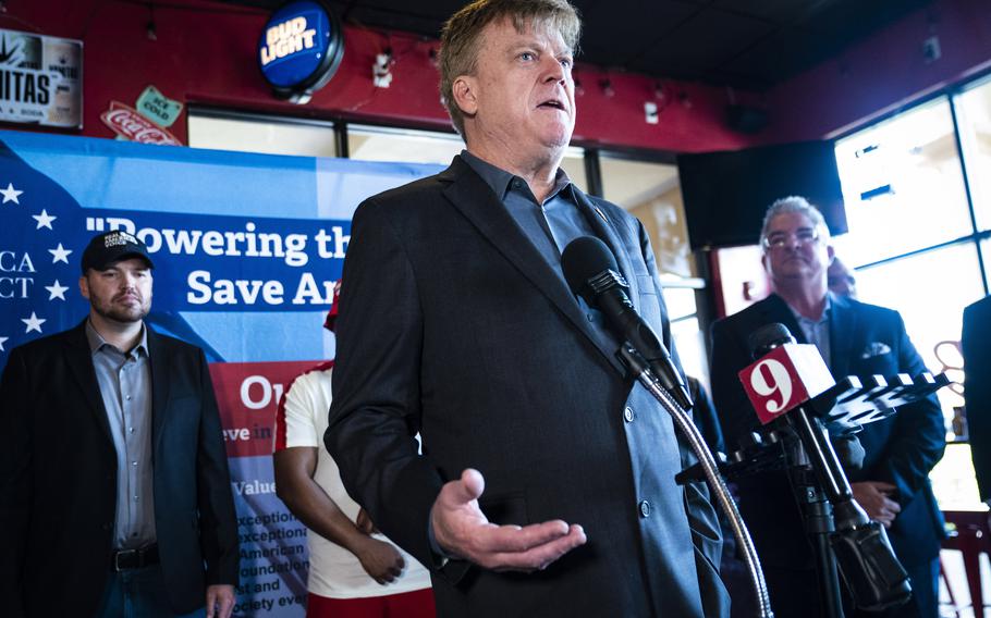 Former Overstock chief executive Patrick Byrne speaks at a news conference for the America Project in Orlando on Feb. 25