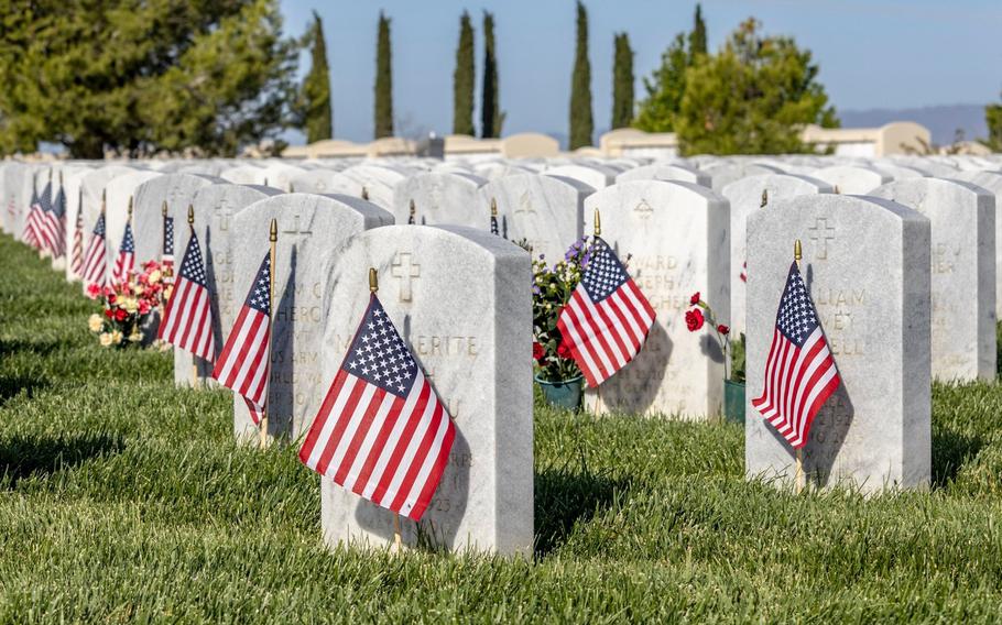 Flags placed for Memorial Day for Veterans of Foreign Wars at rest at Sacramento Valley National Cemetery in Dixon, Calif.