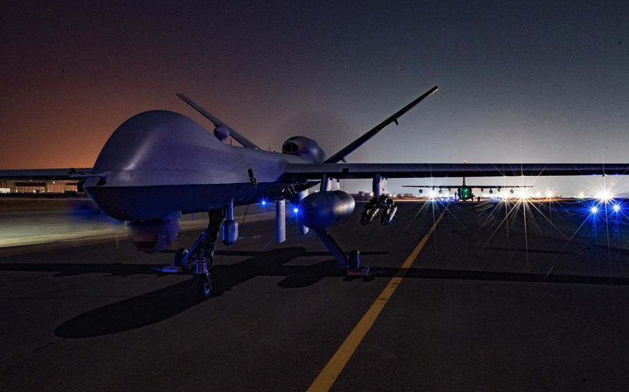 A U.S. Air Force MQ-9 Reaper sits on a flight line at an undisclosed location in Southwest Asia on Dec. 10, 2022.