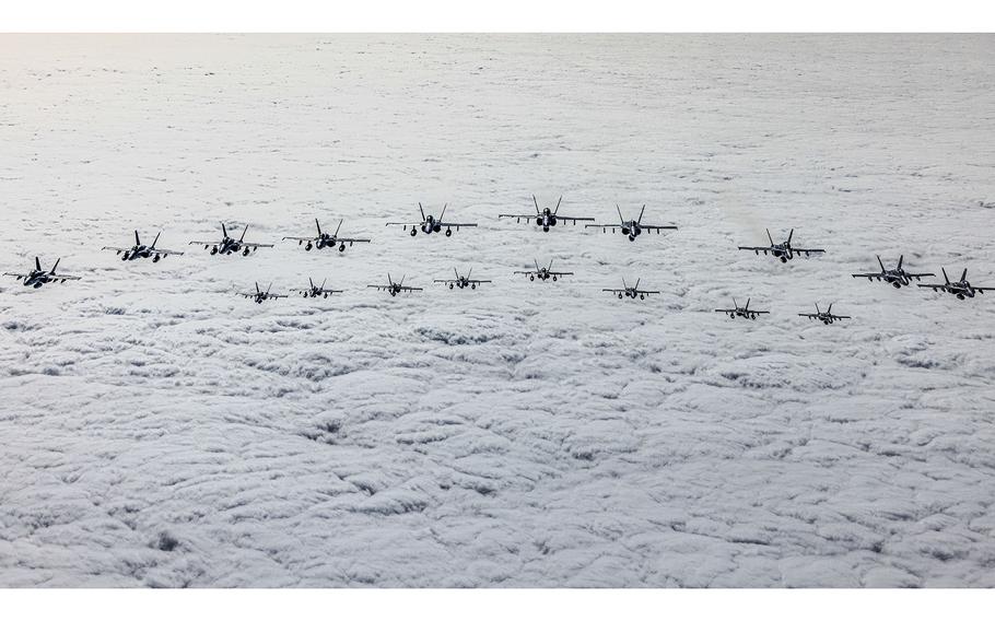 U.S. Marines with Marine Fighter Attack Training Squadron 101, Marine Aircraft Group 11, 3rd Marine Aircraft Wing, conduct a mass formation launch known as “flying the barn,” to honor the squadron’s legacy on the day of its deactivation at Marine Corps Air Station Miramar, California, Sept. 29, 2023. 