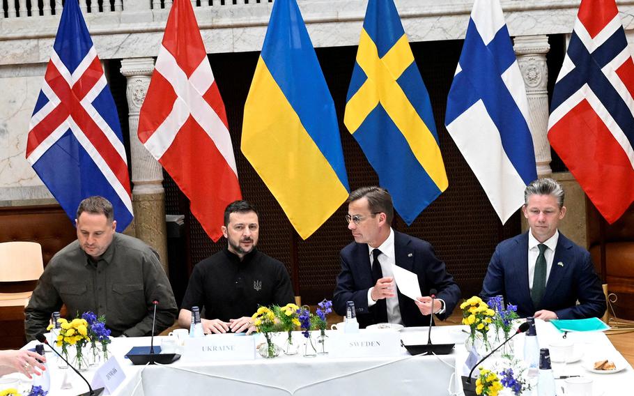 Head of the Office of the President of Ukraine Andriy Yermak, Ukrainian President Volodymyr Zelenskyy, Swedish Prime Minister Ulf Kristersson and Swedish Minister of Defence Pal Jonson attend the Nordic Summit in Stockholm, Sweden, May 31, 2024. 