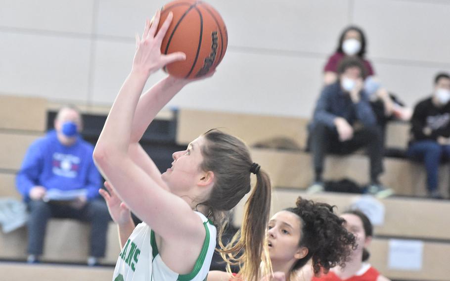 SHAPE's Elena Vascos Lavere shoots during her team's 23-22 loss to Kaiserslautern on Thursday, Feb. 24, 2022 at the DODEA-Europe Division I championships.