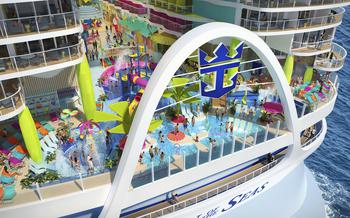 Surfside, rendered above, is a new neighborhood at the aft of the ship made for young families that includes the Water’s Edge pool for adults along with Splashaway Bay and Baby Bay for kids with slides, fountains, water cannons, a drench bucket and more. 