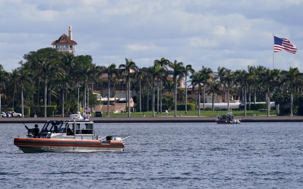 A Security boat patrols near Mar-a-Lago Florida Resort on Jan. 20, 2021, in West Palm Beach, Fla. Former President Donald Trump says the FBI is conducting a search of his Mar-a-Lago estate. 