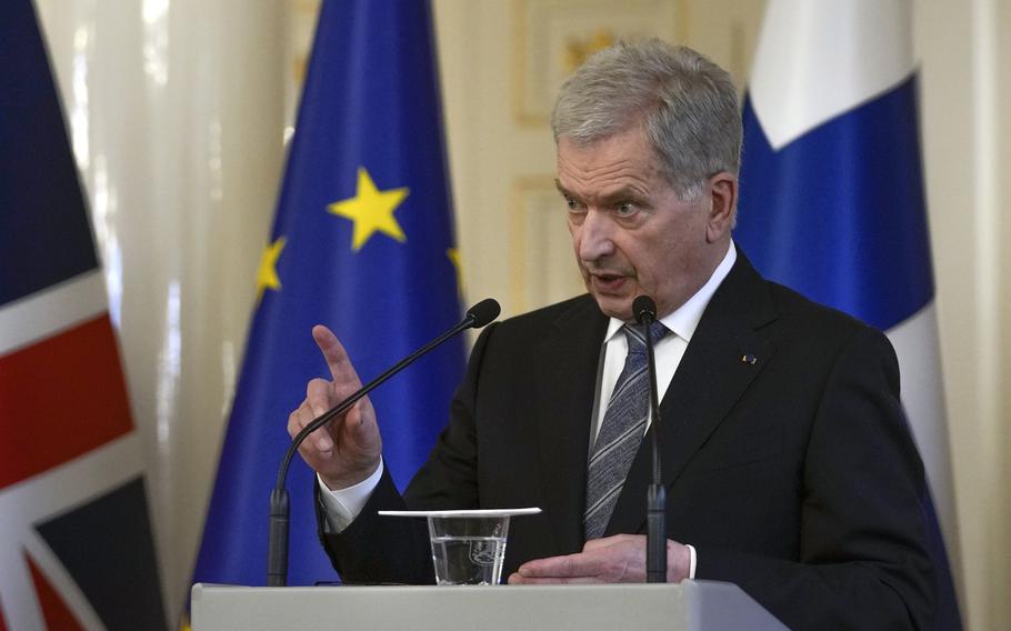 Finland’s President Sauli Niinisto makes a point during a joint news conference with British Prime Minister Boris Johnson, at the Presidential Palace in Helsinki, Finland, Wednesday, May 11, 2022. 