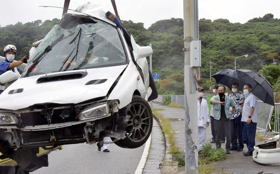 A U.S. Marine was killed May 14, 2022, after his car veered off Route 58 and crashed into a light pole and pedestrian fence outside Camp Foster, Okinawa.