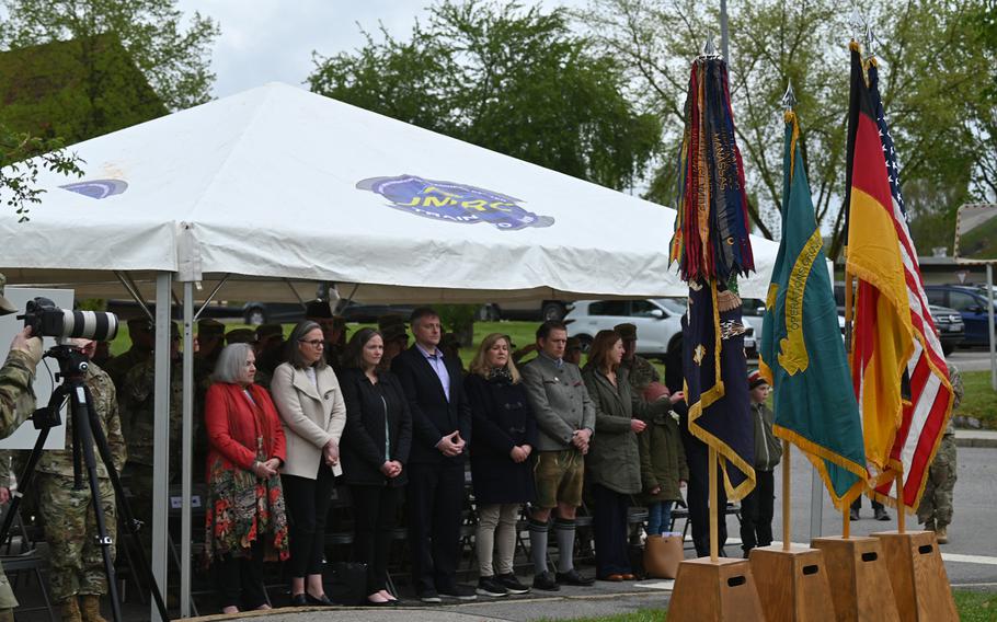 Family and friends of Army Maj. Brian Mescall attend a ceremony at Hohenfels Training Area, Germany, on Thursday, April 18, 2024, during which a street on base was renamed for Mescall, who was killed in Afghanistan in 2009.