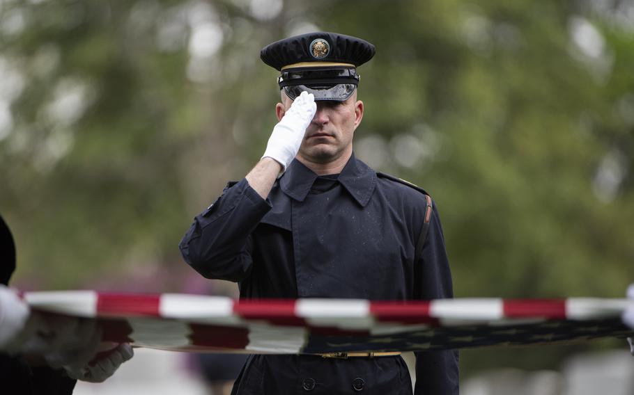 Soldiers from the 3d U.S. Infantry Regiment (The Old Guard) and the U.S. Army Band, “Pershing’s Own,” conduct military funeral honors with funeral escort for U.S. Army Air Forces Sgt. Irving Newman in Section 4 of Arlington National Cemetery, Arlington, Va., April 11, 2024. 