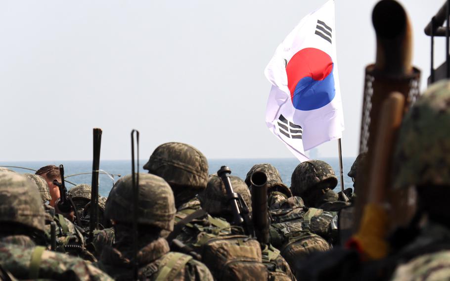 South Korean marines stand in formation during the Ssangyong exercise in Pohang, South Korea, March 29, 2023.