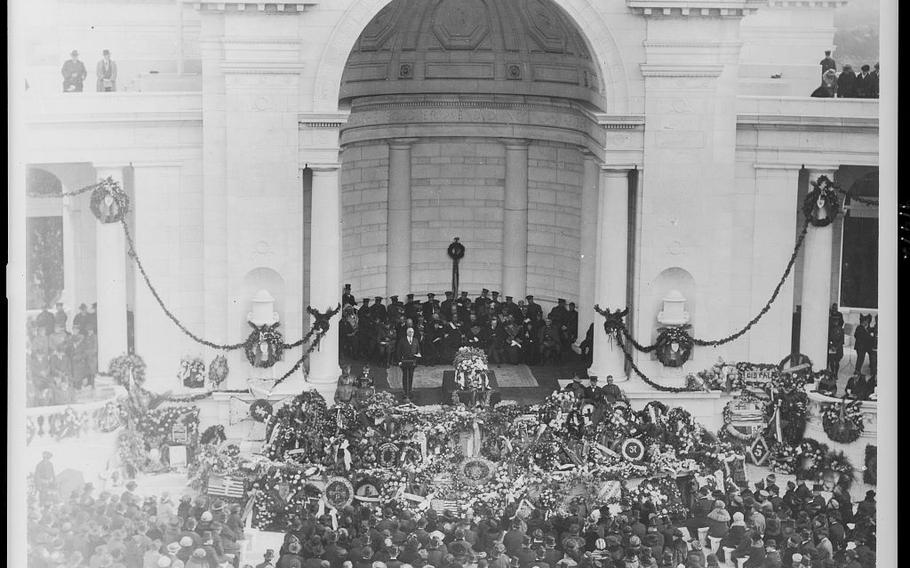 President Warren G. Harding addresses the nation during the funeral service for the Unknown Soldier at Arlington National Cemetery on Nov. 11, 1921. 