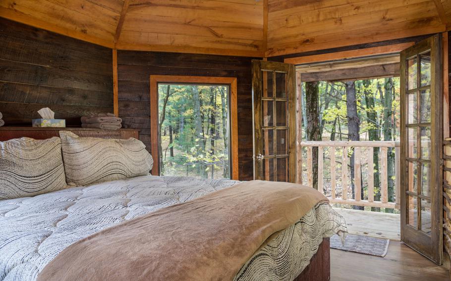 This undated photo provided by The Mohicans Treehouse Resort and Wedding Venue shows one of the treehouses at The Mohicans Treehouse Resort and Wedding Venue in Glenmont, Ohio. Guests can enjoy luxury amenities in these treehouses all year at this resort.