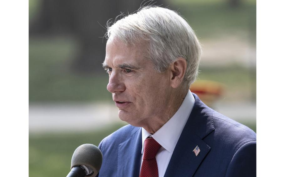 Former Sen. Rob Portman, R-Ohio, a Senate co-sponsor of the bill that led to the addition of the FDR prayer plaque to the National World War II Memorial in Washington, D.C., speaks on the 79th anniversary of the start of the D-Day invasion, Tuesday, June 6, 2023.