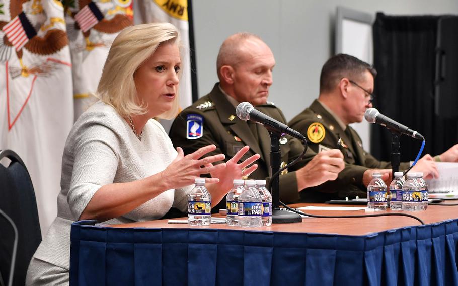 U.S. Army Secretary Christine Wormuth, Army Chief of Staff Gen. Randy George and Sgt. Maj. of the Army Michael  Weimer address the audience at the Association of the U.S. Army conference in Washington, D.C., Oct. 9, 2023.