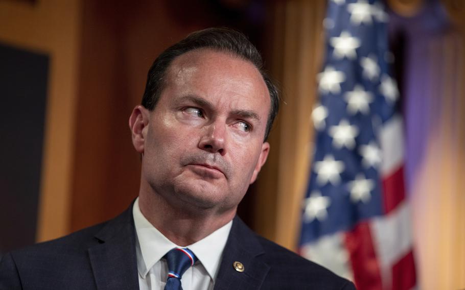Sen. Mike Lee, R-Utah., attends a briefing on Capitol Hill in Washington on Aug. 4, 2021. Lee is getting backlash for not voting to pass the Amache National Historic Site Act, which would make the remote southeastern Colorado landmark a national historic site.