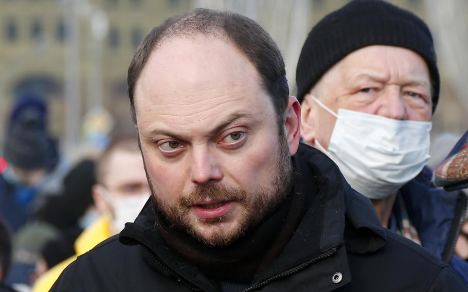 Vladimir Kara-Murza Jr., Russian opposition activist, arrives to lay flowers near the place where Russian opposition leader Boris Nemtsov was gunned down, in Moscow, Russia, on Feb. 27, 2021. Russian authorities have opened a criminal case against prominent opposition activist Kara-Murza for allegedly spreading "false information" about the country's armed forces, his lawyer said Friday.