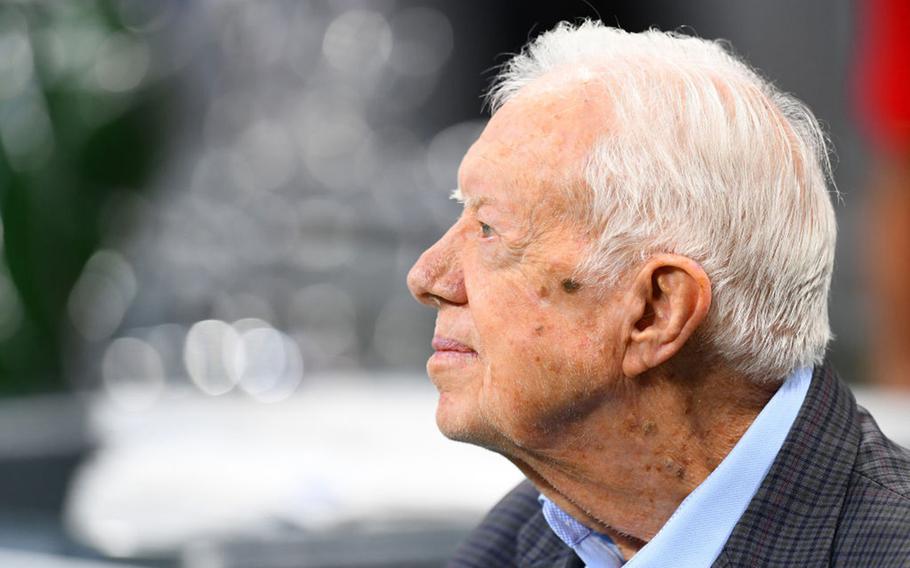 Former president Jimmy Carter prior to the game between the Atlanta Falcons and the Cincinnati Bengals at Mercedes-Benz Stadium in Atlanta on Sept. 30, 2018. Carter turns 97 on Friday, Oct. 1, 2021.