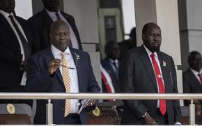 South Sudan’s President Salva Kiir, right, and Vice President Riek Machar, left, attend a mass held by Pope Francis.