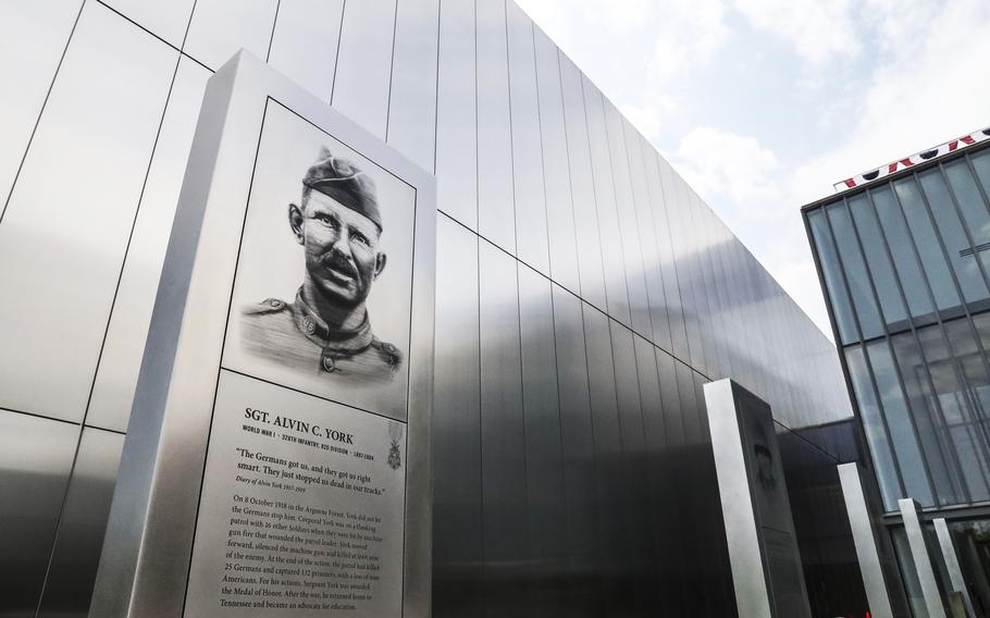 A plaque honors World War I hero Sgt. Alvin York at the entrance of the National Museum of the United States Army on its reopening day, June 14, 2021.