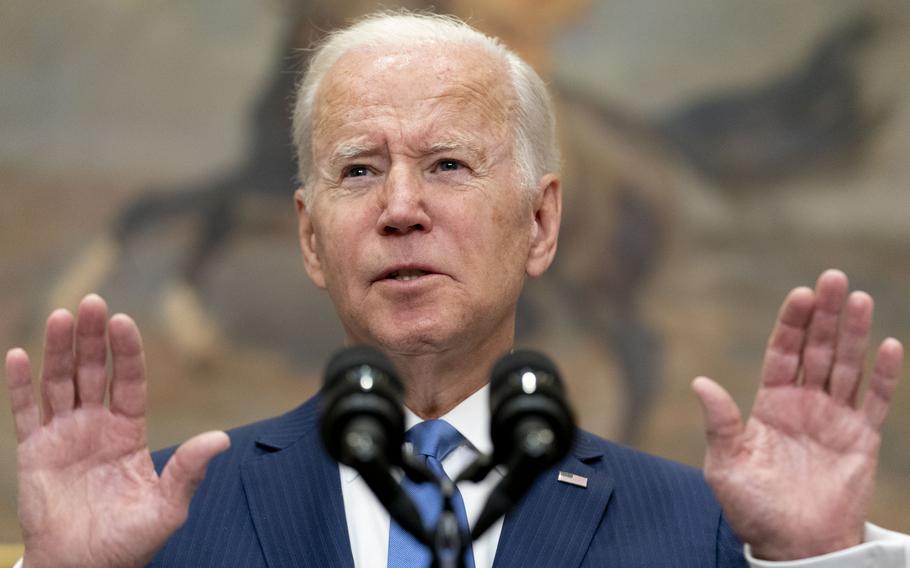 President Joe Biden speaks about the war in Ukraine in the Roosevelt Room at the White House, Thursday, April 28, 2022, in Washington. 