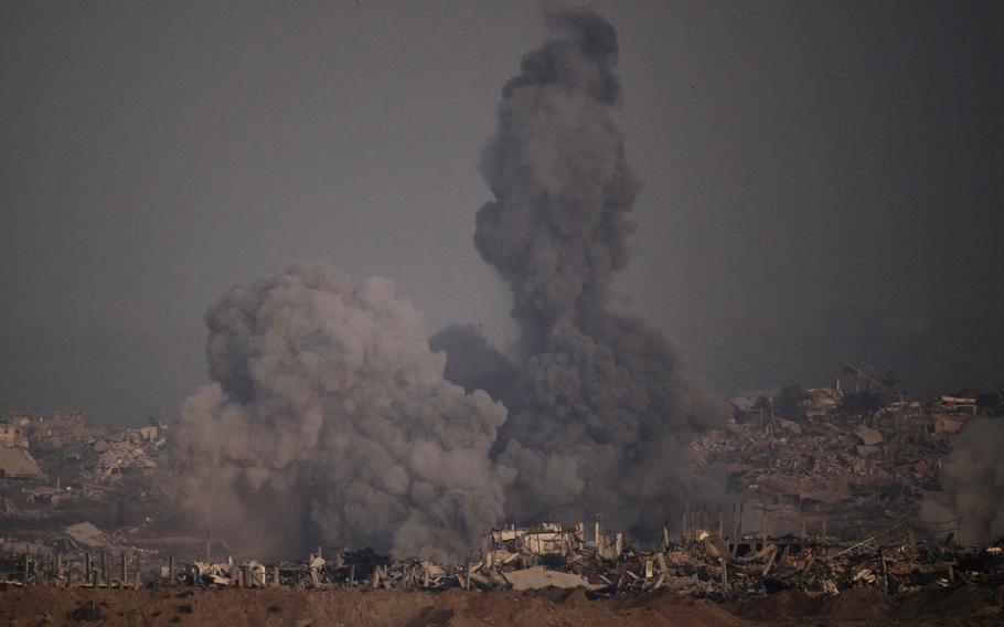 Smoke rises to the sky following an Israeli airstrike in the northern Gaza Strip as seen from southern Israel, Saturday, July 26, 2025. 