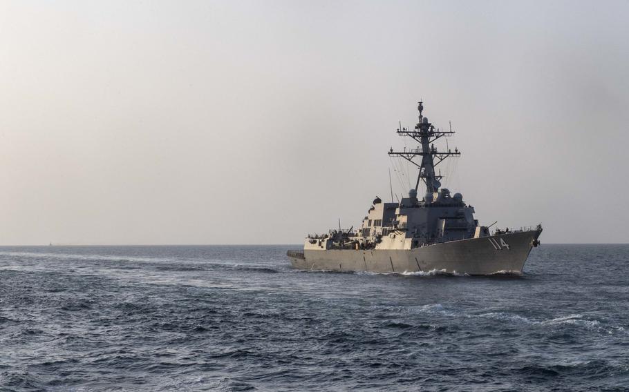 The guided-missile destroyer USS Ralph Johnson transits the Arabian Gulf Aug. 27, 2020. 