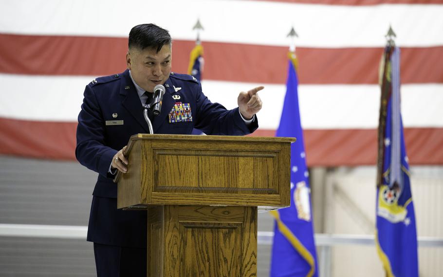 Col. Van Thai, incoming 434th Air Refueling Wing commander, delivers remarks to members of the 434th Air Refueling Wing during a change of command ceremony at Grissom Air Reserve Base, Ind., Feb. 3, 2024. 