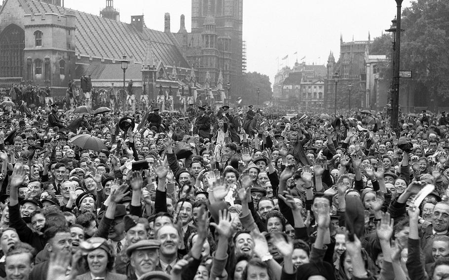 A section of the gigantic crowd which assembled in Parliament Square to celebrate VJ Day, in London, Aug. 15, 1945. 