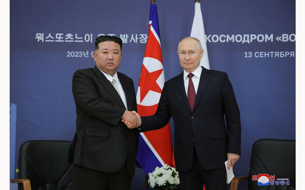 FILE PHOTO: Russia's President Vladimir Putin and North Korea's leader Kim Jong Un attend a meeting at the Vostochny ?osmodrome in the far eastern Amur region, Russia, September 13, 2023 in this image released by North Korea's Korean Central News Agency.   KCNA via REUTERS/File Photo
