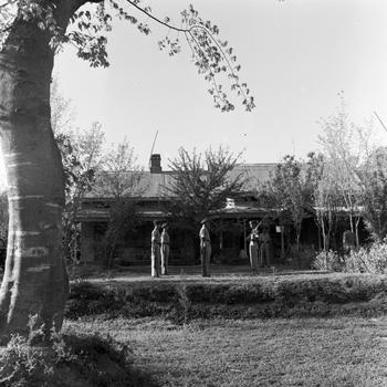 Security personnel in the photo’s midground, with a building behind them and the trunk of a tree on the left in the foreground.