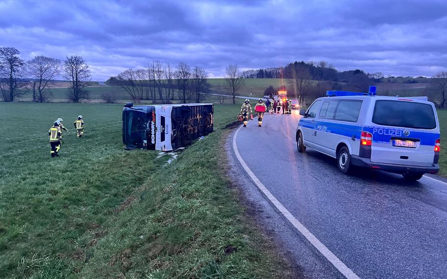 A DODEA school bus tipped over Friday, March 10, 2023, near Weilerbach with 16 students on board. One student has been taken to Landstuhl Regional Medical Center with minor injuries, authorities at the Weilerbach firehouse said.