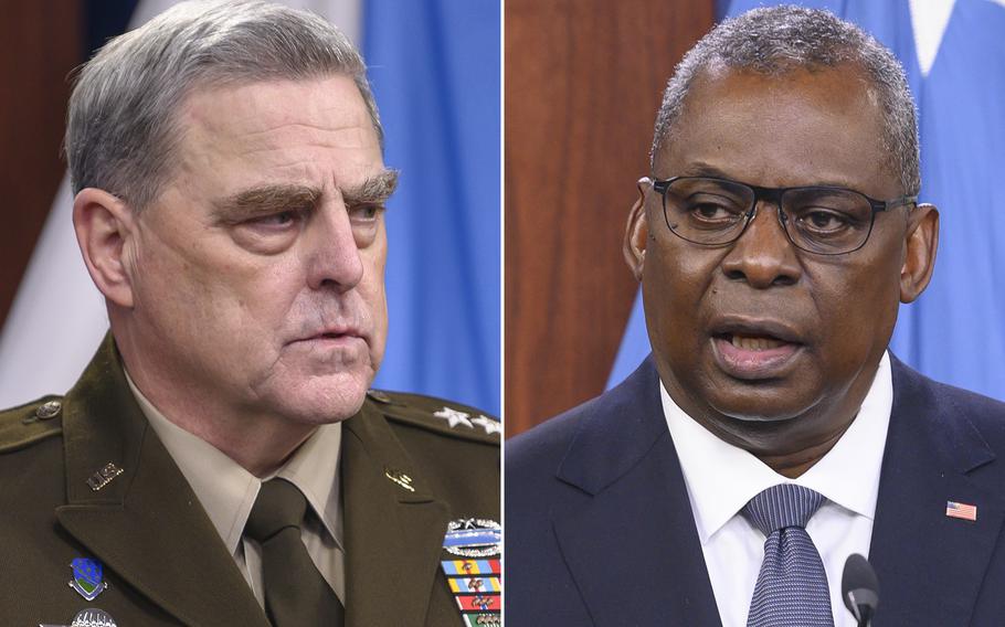 Chairman of the Joint Chiefs of Staff Army Gen. Mark Milley, left, and Secretary of Defense Lloyd Austin attend a briefing held at the Pentagon in Washington, D.C., Sept. 1, 2021. 