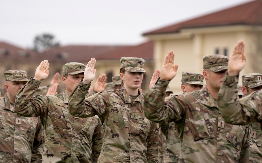 Newly commissioned officers graduate from Air Force Officer Training School at Maxwell Air Force Base in Montgomery, Ala., on March 21, 2022.