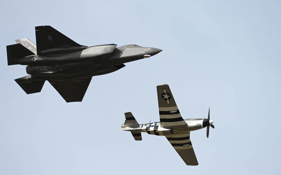 An F-35 Lightning II and a P-51 Mustang fly together in a heritage flight during the Thunder Over the Rock Air Show at Little Rock Air Force Base, Ark., Oct. 21, 2023. 