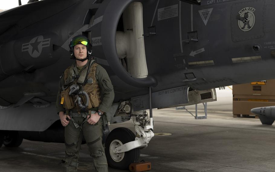 U.S. Marine Corps Capt. Joshua Corbett, a native of New Jersey and a student naval aviator with the AV-8B Fleet Replacement Detachment (FRD), poses for a photo prior to a flight at Marine Corps Air Station Cherry Point, N.C., Wednesday, March 27, 2024. Corbett is one of the two final Marines to receive the 7509 military occupational specialty, AV-8B Harrier II jet pilot, as the Marine Corps transitions from the AV-8B II Harrier jet legacy tactical aircraft to the F-35 Lightning II jet.
