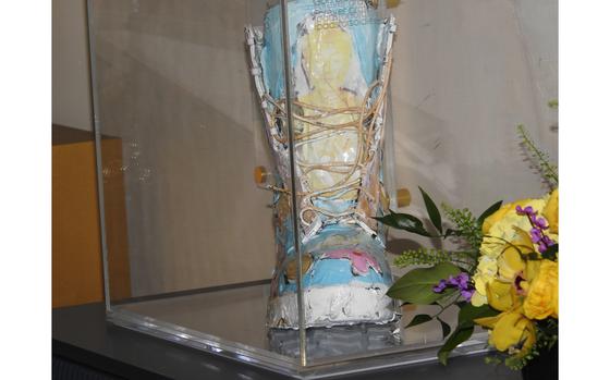 One of the boots that part of the Footsteps of Freedom art installation, which opened April 1 at Walter Reed.