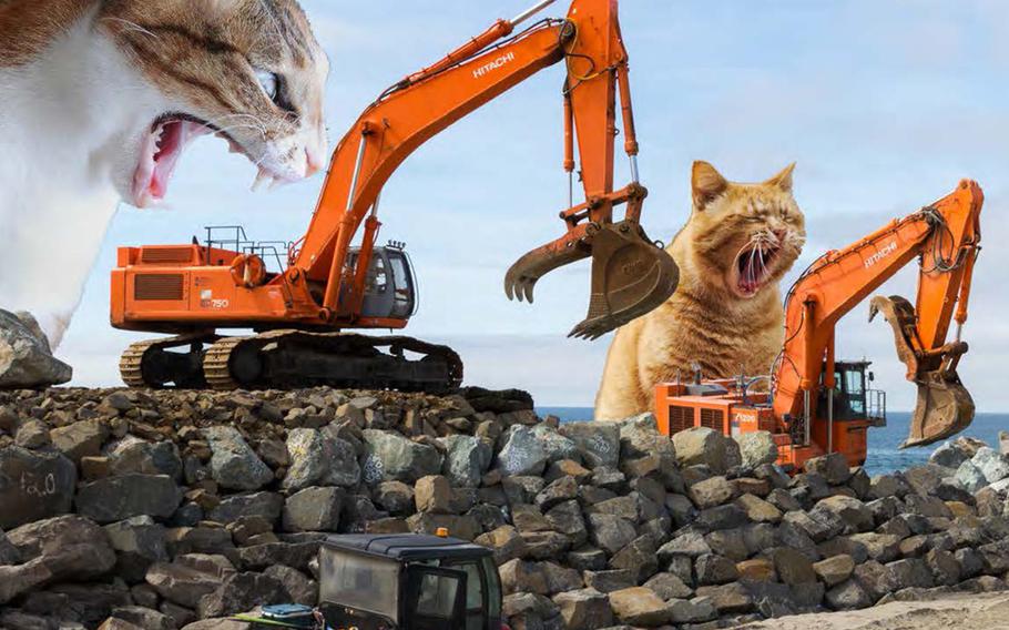 The U.S. Army Corps of Engineers' Portland, Ore., branch made a 2023 calendar featuring giant cats placed into photos of the Corps' projects. In this photo, two cats watch construction on a jetty at the mouth of the Columbia River in Oregon.